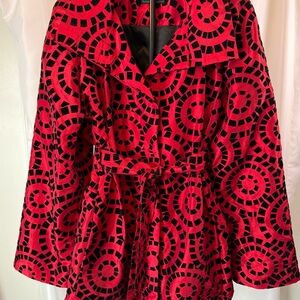 UBU Red Black Velvet Flocked Belted Statement Jacket Large